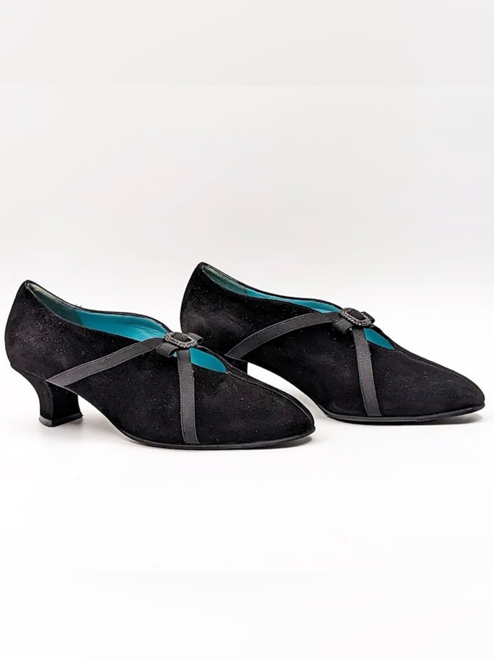 Thierry Rabotin Black Suede Women's 1.75” Kitten Heel Pumps with front buckle